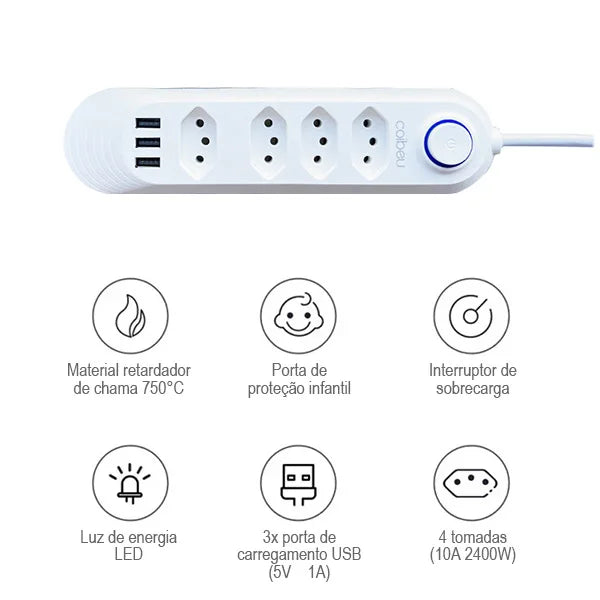 Extensão de tomada de energia USB 2M 110-220V USB TYPE-C USB Plugue de alimentação USB